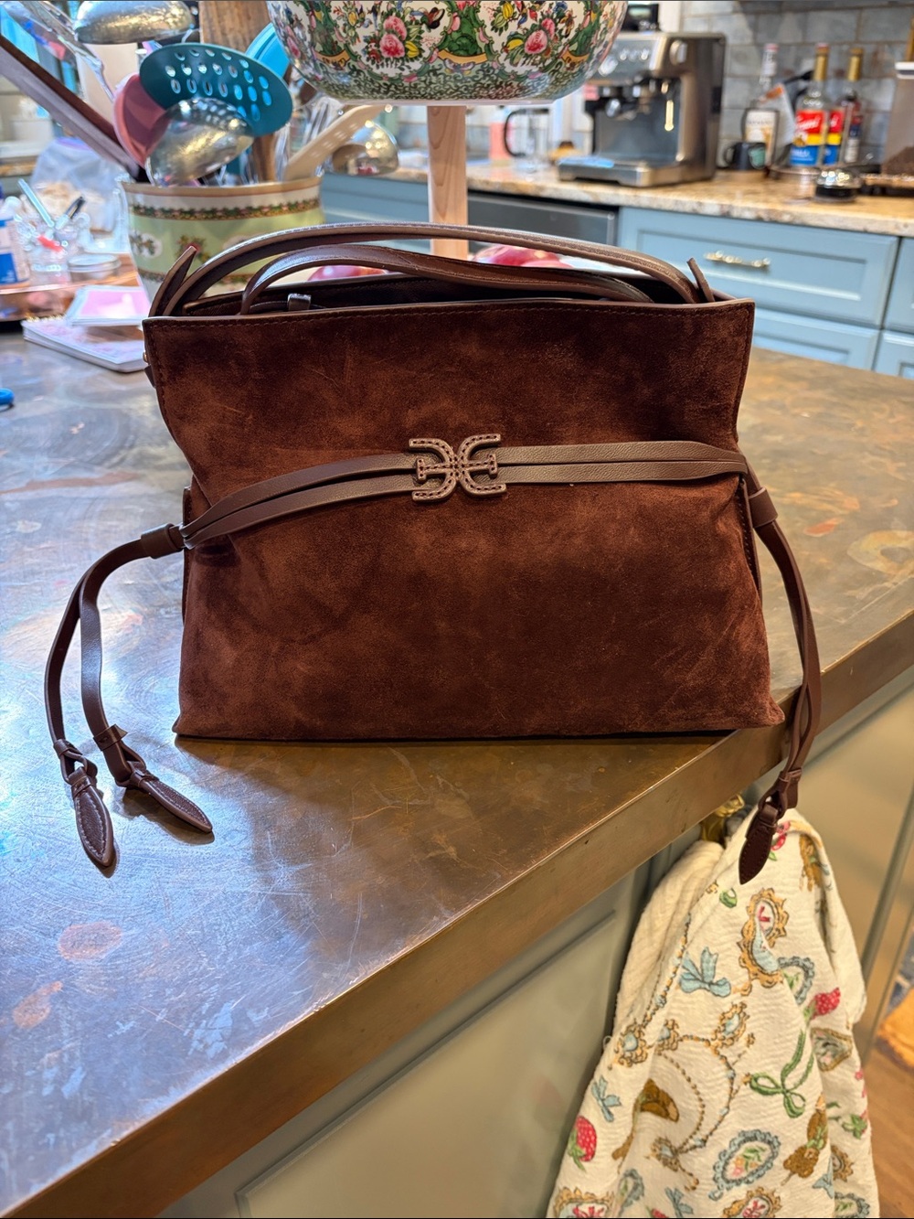 Sam Edelman Chocolate Brown Suede Shoulder Bag with Decorative Buckle NWOT